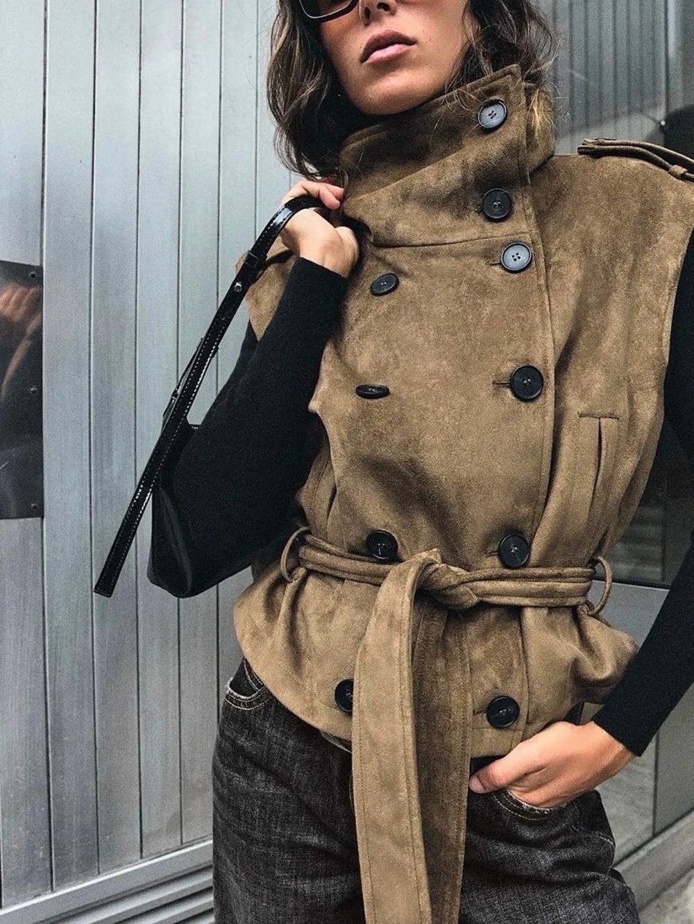 Zara Faux Suede Belted Vest Brown Medium - Picture 8 of 9